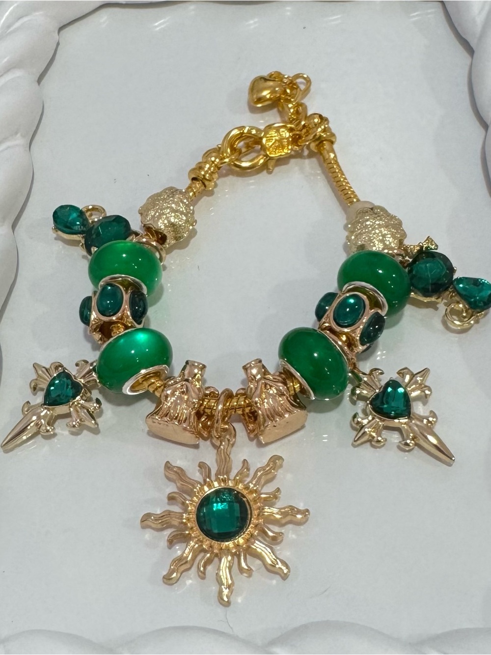 New Gold-Tone Green Charm Bracelet with Sun and Star Accents 7 inches